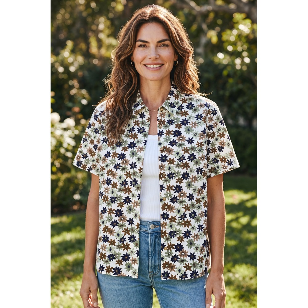 Sag Harbor Womens Floral Button Down Shirt Short Sleeve Daisy Print Blue Green